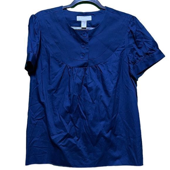 Liz Claiborne Women's Button Front Top Blouse Round Neck‎ Navy Blue Size Large - Picture 1 of 4